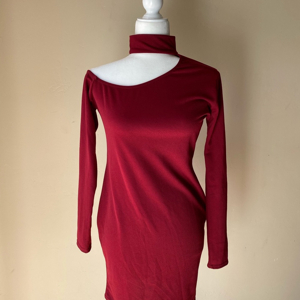 Burgundy Choker Detail One Shoulder Bodycon Dress